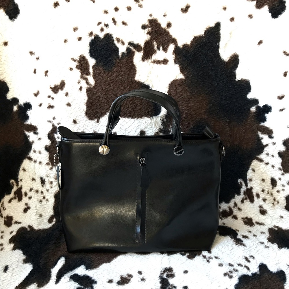 🔥 Black Top Handle Faux Leather Tote Bag With Removable Strap 🔥 - Picture 3 of 16
